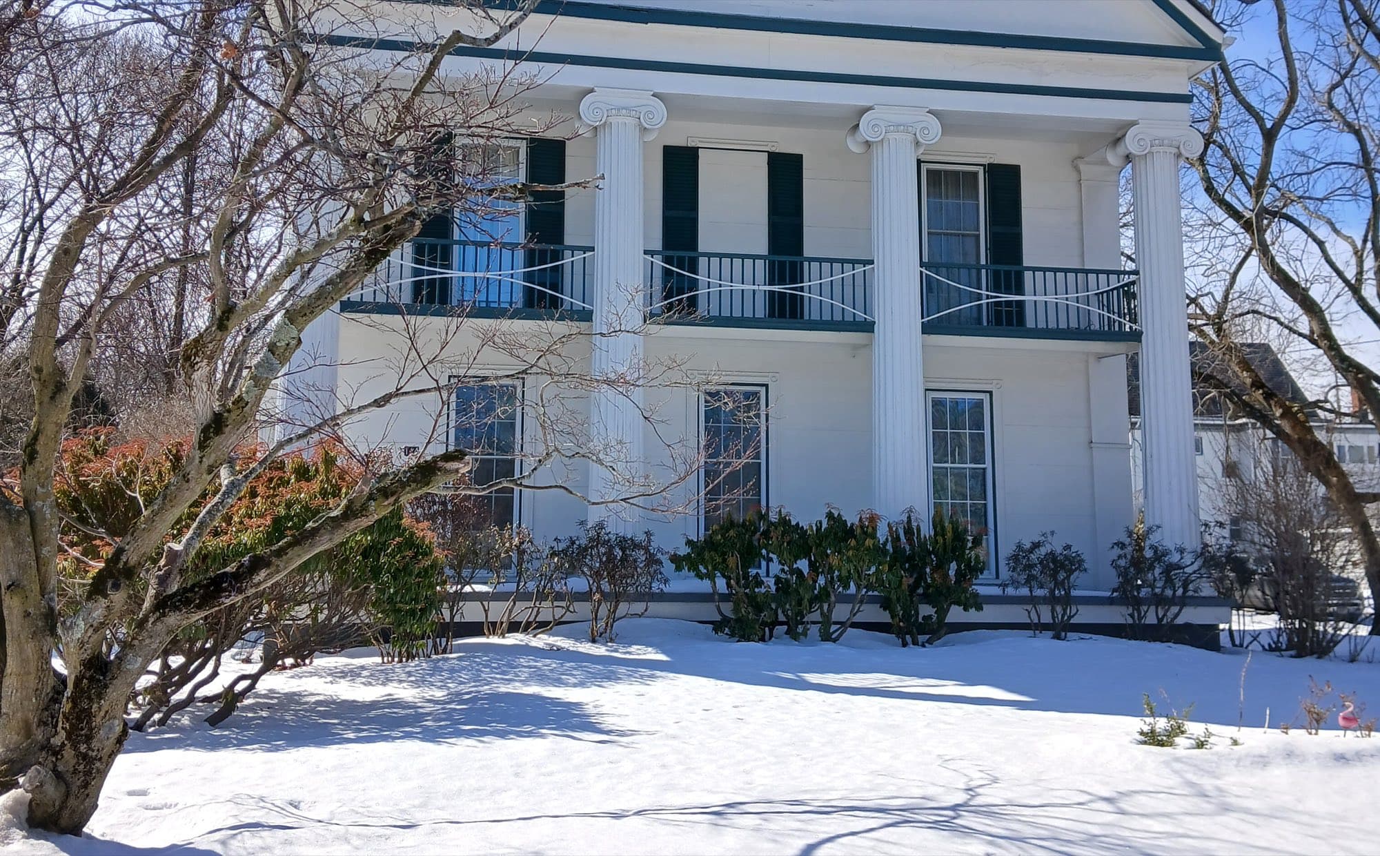 A large white house with columns and a snow-covered front yard in winter, bare trees in the foreground.